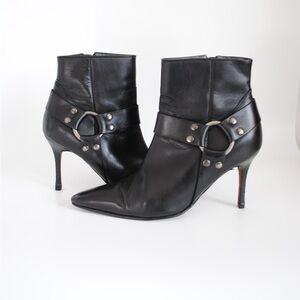 Manolo Blahnik Black Leather Pointed Toe Slim Heel Boots